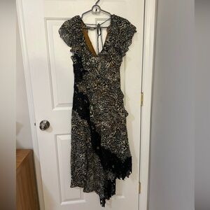 By Anthropologie V-Neck Ruffle Lace Slip Dress Black Brown Animal Print Sz 6P